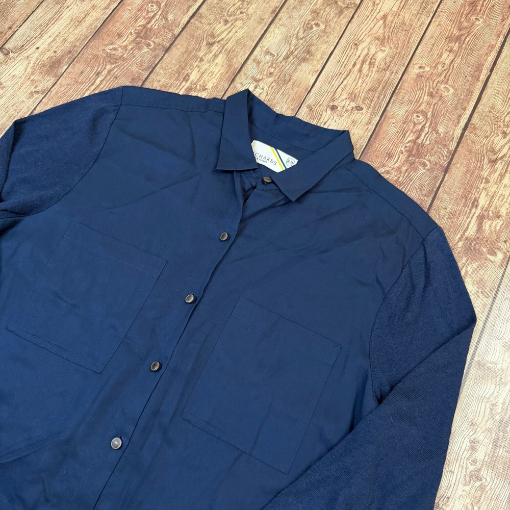 Richards Mixed Media Button Down Blouse Womens sz 3 Large Navy Blue Knit Sleeve